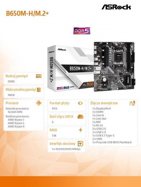 Płyta główna B650M-H/M.2 + AM5 2DDR5 HDMI/DP mATX Płyta główna B650M-H/M.2 + AM5 2DDR5 HDMI/DP mATX