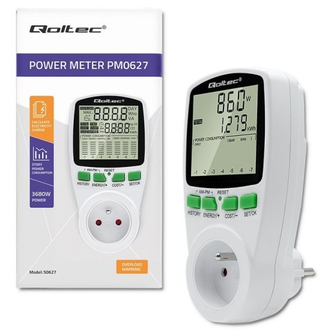 Watomierz Licznik zużycia energii PM0627 z historią pomiaru | 3680W | 16A | LCD Watomierz Licznik zużycia energii PM0627 z historią pomiaru | 3680W | 16A | LCD