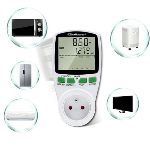Watomierz Licznik zużycia energii PM0627 z historią pomiaru | 3680W | 16A | LCD Watomierz Licznik zużycia energii PM0627 z historią pomiaru | 3680W | 16A | LCD