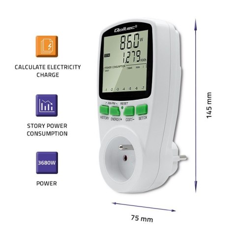 Watomierz Licznik zużycia energii PM0627 z historią pomiaru | 3680W | 16A | LCD Watomierz Licznik zużycia energii PM0627 z historią pomiaru | 3680W | 16A | LCD