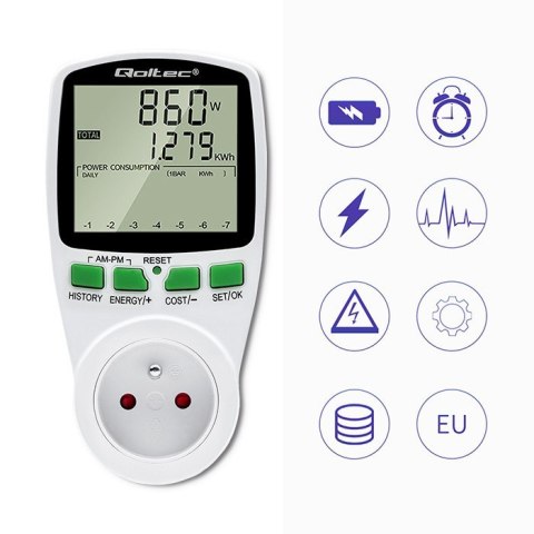 Watomierz Licznik zużycia energii PM0627 z historią pomiaru | 3680W | 16A | LCD Watomierz Licznik zużycia energii PM0627 z historią pomiaru | 3680W | 16A | LCD