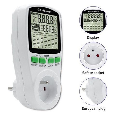 Watomierz Licznik zużycia energii PM0627 z historią pomiaru | 3680W | 16A | LCD Watomierz Licznik zużycia energii PM0627 z historią pomiaru | 3680W | 16A | LCD