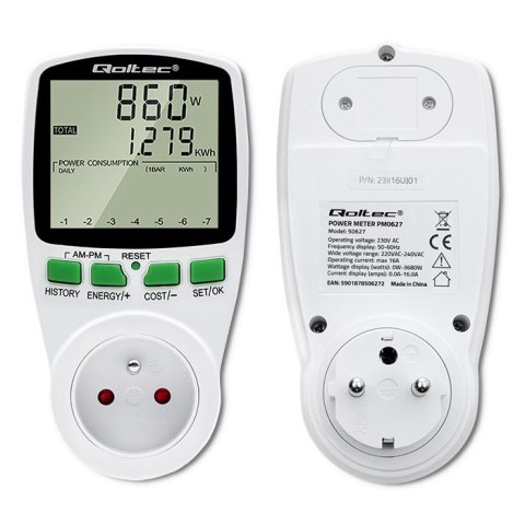 Watomierz Licznik zużycia energii PM0627 z historią pomiaru | 3680W | 16A | LCD Watomierz Licznik zużycia energii PM0627 z historią pomiaru | 3680W | 16A | LCD