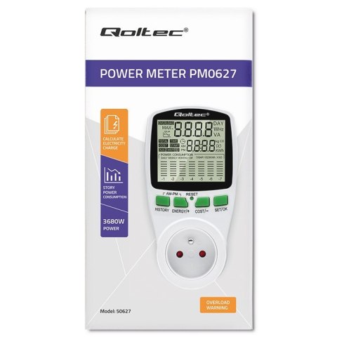 Watomierz Licznik zużycia energii PM0627 z historią pomiaru | 3680W | 16A | LCD Watomierz Licznik zużycia energii PM0627 z historią pomiaru | 3680W | 16A | LCD