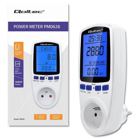 Watomierz licznik zużycia energii PM0626 | 3680W | 16A | LCD Watomierz licznik zużycia energii PM0626 | 3680W | 16A | LCD