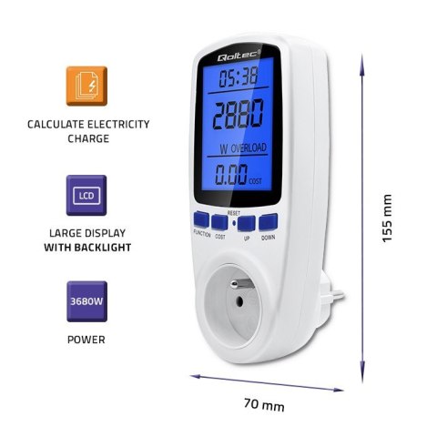 Watomierz licznik zużycia energii PM0626 | 3680W | 16A | LCD Watomierz licznik zużycia energii PM0626 | 3680W | 16A | LCD