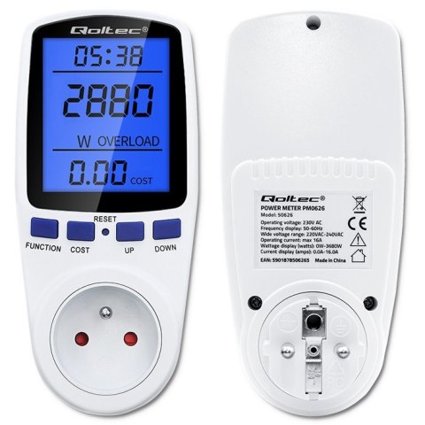 Watomierz licznik zużycia energii PM0626 | 3680W | 16A | LCD Watomierz licznik zużycia energii PM0626 | 3680W | 16A | LCD