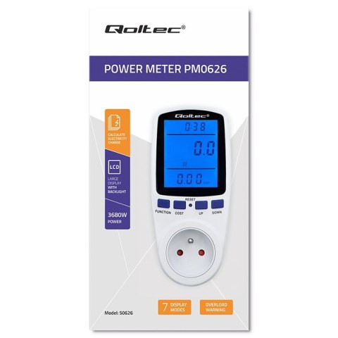 Watomierz licznik zużycia energii PM0626 | 3680W | 16A | LCD Watomierz licznik zużycia energii PM0626 | 3680W | 16A | LCD