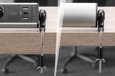 Listwa zasilająca biurowa 45° 6 gniazd, 2xUSB-A 1xUSB-C (5V/3,4A) możliwość obrotu o 180°, aluminiowa, z zaciskiem na blat Listwa zasilająca biurowa 45° 6 gniazd, 2xUSB-A 1xUSB-C (5V/3,4A) możliwość obrotu o 180°, aluminiowa, z zaciskiem na blat