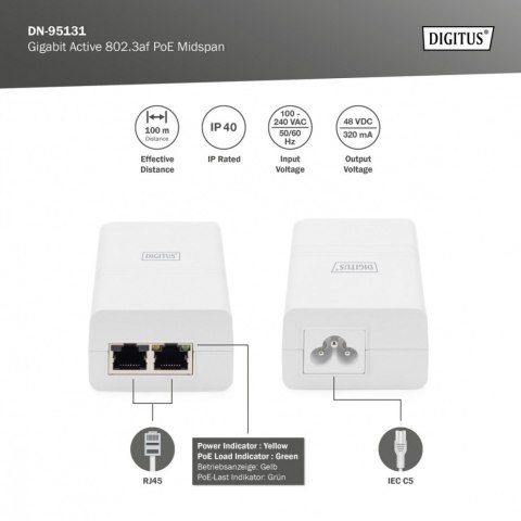 Zasilacz/Adapter PoE 802.3af, max. 48V 15.4W Gigabit 10/100/1000 Mbps, aktywny, Biały Zasilacz/Adapter PoE 802.3af, max. 48V 15.4W Gigabit 10/100/1000 Mbps, aktywny, Biały