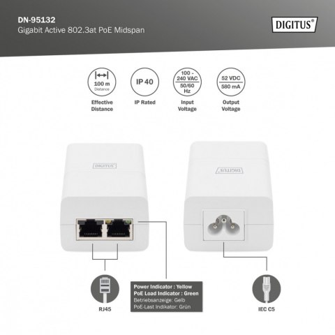 Zasilacz/Adapter PoE+ 802.3at, max. 52V 30W Gigabit 10/100/1000 Mbps, aktywny, Biały Zasilacz/Adapter PoE+ 802.3at, max. 52V 30W Gigabit 10/100/1000 Mbps, aktywny, Biały