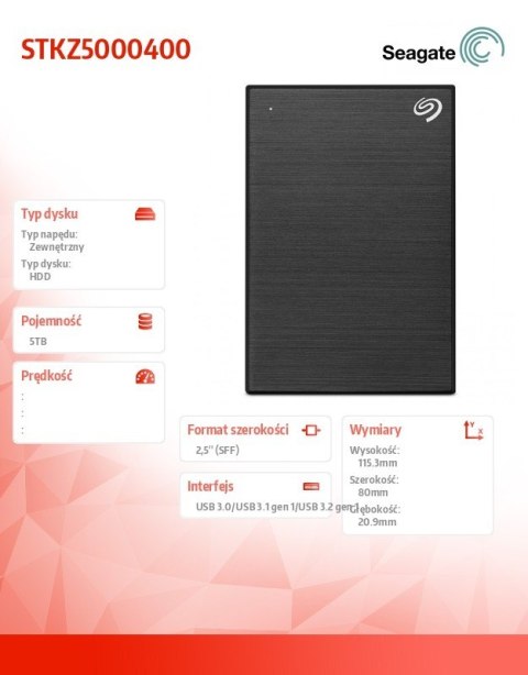 Dysk One Touch 5TB 2,5 STKZ5000400 czarny Dysk One Touch 5TB 2,5 STKZ5000400 czarny