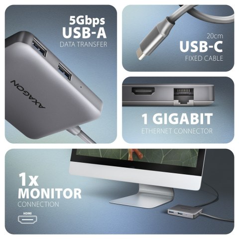 HMC-5HL Wieloportowy hub USB 5in1, 5Gbps, 2x USB-A, HDMI 4K/60Hz, GLAN, PD 100W, 15cm USB-C kabel HMC-5HL Wieloportowy hub USB 5in1, 5Gbps, 2x USB-A, HDMI 4K/60Hz, GLAN, PD 100W, 15cm USB-C kabel