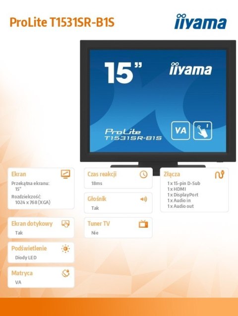 Monitor 15 cali T1531SR-B1S VA,RESISTIVE,HDMI,DP,VGA,IP54,2x1W Monitor 15 cali T1531SR-B1S VA,RESISTIVE,HDMI,DP,VGA,IP54,2x1W
