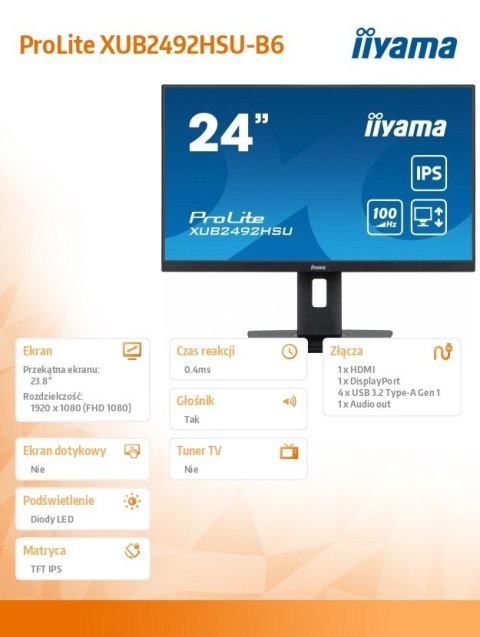 Monitor 23.8 cala XUB2492HSU-B6 IPS,HDMI,DP,100Hz,PIVOT,USB,HAS/150mm Monitor 23.8 cala XUB2492HSU-B6 IPS,HDMI,DP,100Hz,PIVOT,USB,HAS/150mm