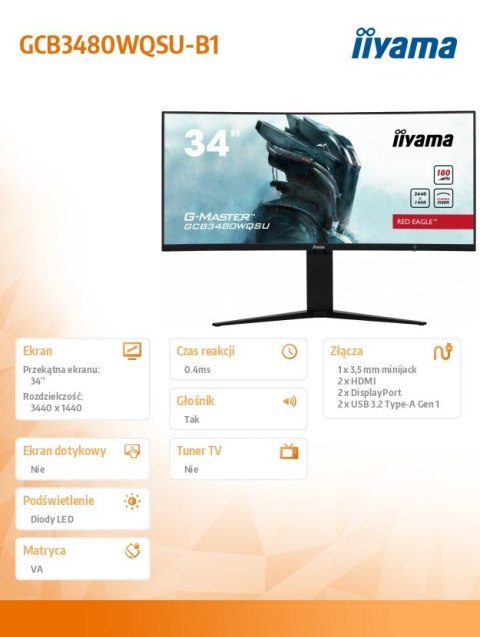 Monitor 34 cale GCB3480WQSU-B1 VA,UWQHD,180HZ,0.4ms,1500R(Curved), 2xHDMI,2xDP,2xUSB 3.2,2x3W,HDR400,HAS(110mm),VESA(100x100mm Monitor 34 cale GCB3480WQSU-B1 VA,UWQHD,180HZ,0.4ms,1500R(Curved), 2xHDMI,2xDP,2xUSB 3.2,2x3W,HDR400,HAS(110mm),VESA(100x100mm