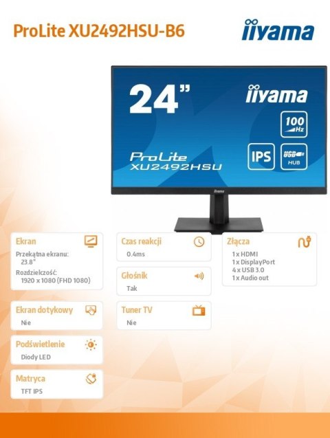 Monitor 23.8 cala XU2492HSU-B6 IPS,FHD,HDMI,DP,100Hz,4xUSB3.2,SLIM,2x2W Monitor 23.8 cala XU2492HSU-B6 IPS,FHD,HDMI,DP,100Hz,4xUSB3.2,SLIM,2x2W