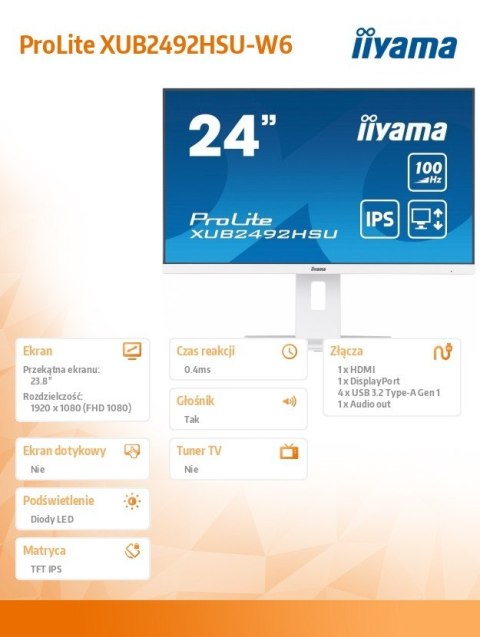 Monitor 23.8 cala XUB2492HSU-W6 IPS,HDMI,DP,100Hz,SLIM,HAS(150mm),4xUSB Monitor 23.8 cala XUB2492HSU-W6 IPS,HDMI,DP,100Hz,SLIM,HAS(150mm),4xUSB