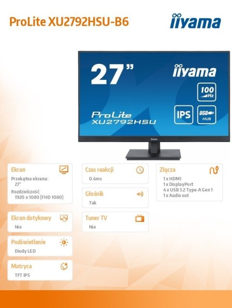 Monitor ProLite XU2792HSU-B6 27 cali IPS,FHD,HDMI,DP,100Hz,4xUSB3.2,SLIM,2x2W Monitor ProLite XU2792HSU-B6 27 cali IPS,FHD,HDMI,DP,100Hz,4xUSB3.2,SLIM,2x2W
