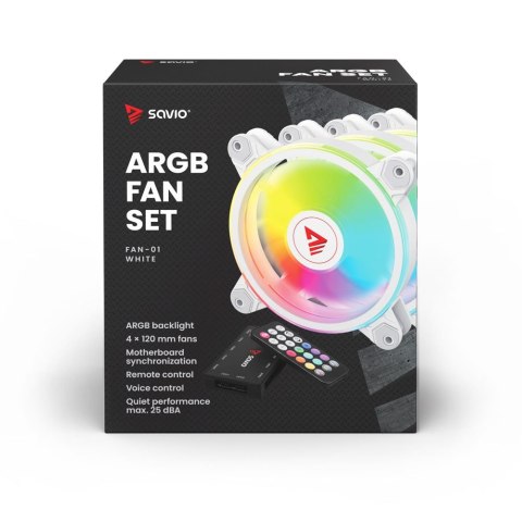Wentylator FAN-01 White 4-pack 120mm ARGB wraz kontrolerem oraz pilotem Wentylator FAN-01 White 4-pack 120mm ARGB wraz kontrolerem oraz pilotem