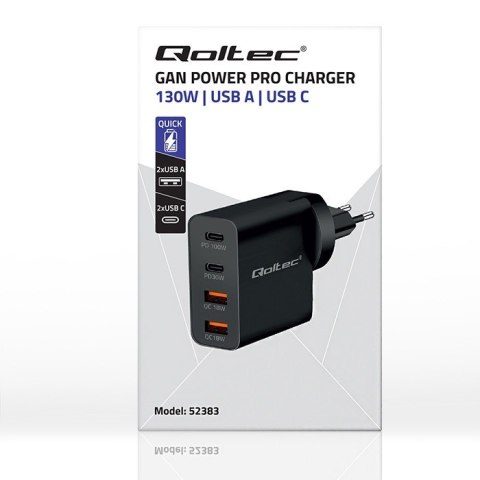 Ładowarka GaN Power Pro | 2xUSB-C | 2xUSB | 130W | 5-20V | 1.5-5A| PD | Czarna Ładowarka GaN Power Pro | 2xUSB-C | 2xUSB | 130W | 5-20V | 1.5-5A| PD | Czarna