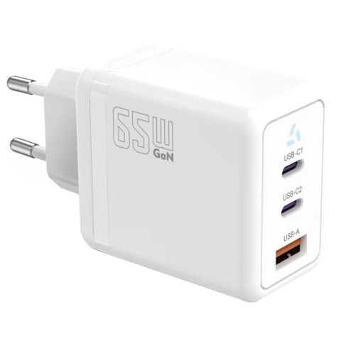 Ładowarka sieciowa 2x USB C + USB A Power Delivery biała, GaN 65W Ładowarka sieciowa 2x USB C + USB A Power Delivery biała, GaN 65W
