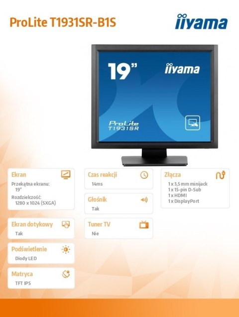 Monitor 19 cali T1931SR-B1S RESIS.IP54,HDMI,DP,VGA,2x1W,5:4 Monitor 19 cali T1931SR-B1S RESIS.IP54,HDMI,DP,VGA,2x1W,5:4