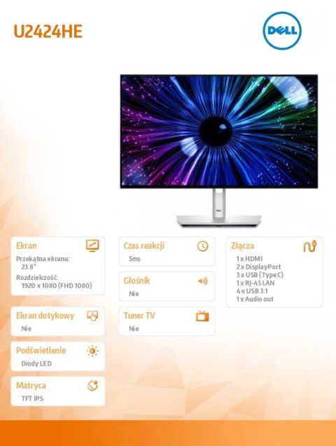 Monitor U2424HE 23.8 cala IPS LED FHD(1920x1080)/16:9/HDMI/DP/USB-C/USB/RJ-45/3Y Monitor U2424HE 23.8 cala IPS LED FHD(1920x1080)/16:9/HDMI/DP/USB-C/USB/RJ-45/3Y