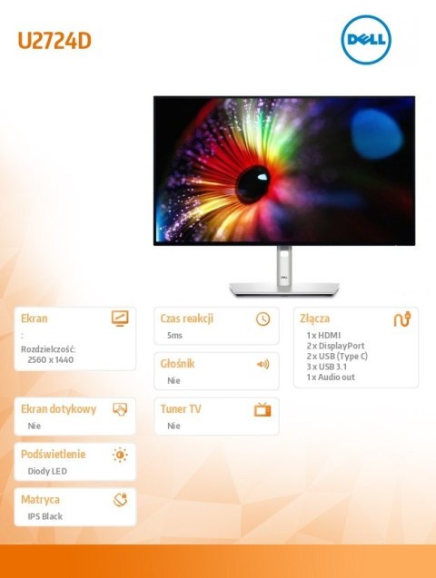Monitor U2724D 27 cali IPS LED QHD(2560x1440)/16:9/HDMI/DP/USB-C/USB/3Y Monitor U2724D 27 cali IPS LED QHD(2560x1440)/16:9/HDMI/DP/USB-C/USB/3Y