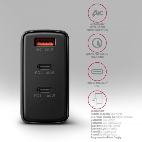 ACU-DPQ100 Ładowarka sieciowa GaN 100W, 3x port (USB-A + dual USB-C) PD3.0/QC4+/PPS/Apple Czarna ACU-DPQ100 Ładowarka sieciowa GaN 100W, 3x port (USB-A + dual USB-C) PD3.0/QC4+/PPS/Apple Czarna