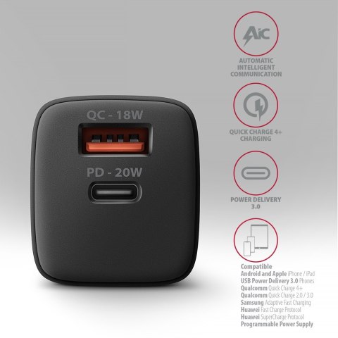 ACU-PQ20 Ładowarka sieciowa 20W, QC3.0/AFC/FCP + PD type-C Czarna ACU-PQ20 Ładowarka sieciowa 20W, QC3.0/AFC/FCP + PD type-C Czarna