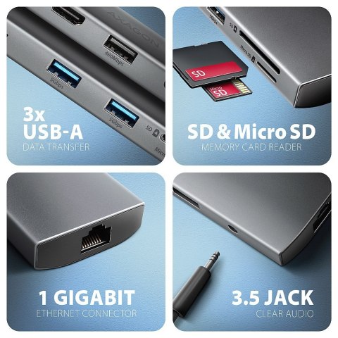 HMC-8HLSA Wieloportowy hub USB 9in1, 5Gbps, 3x USB-A + HDMI 4K/30Hz, SD/microSD, GLAN, Audio, PD 100W, 20cm USB-C kabel HMC-8HLSA Wieloportowy hub USB 9in1, 5Gbps, 3x USB-A + HDMI 4K/30Hz, SD/microSD, GLAN, Audio, PD 100W, 20cm USB-C kabel