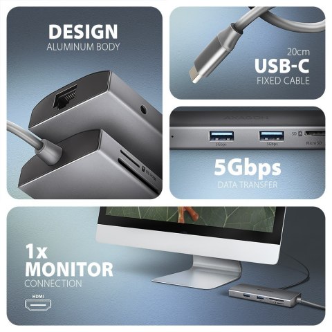 HMC-8HLSA Wieloportowy hub USB 9in1, 5Gbps, 3x USB-A + HDMI 4K/30Hz, SD/microSD, GLAN, Audio, PD 100W, 20cm USB-C kabel HMC-8HLSA Wieloportowy hub USB 9in1, 5Gbps, 3x USB-A + HDMI 4K/30Hz, SD/microSD, GLAN, Audio, PD 100W, 20cm USB-C kabel