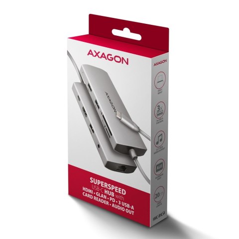 HMC-8HLSA Wieloportowy hub USB 9in1, 5Gbps, 3x USB-A + HDMI 4K/30Hz, SD/microSD, GLAN, Audio, PD 100W, 20cm USB-C kabel HMC-8HLSA Wieloportowy hub USB 9in1, 5Gbps, 3x USB-A + HDMI 4K/30Hz, SD/microSD, GLAN, Audio, PD 100W, 20cm USB-C kabel