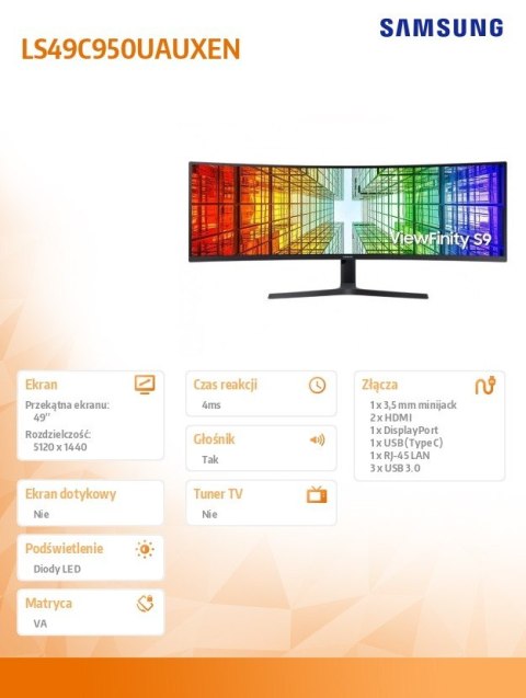 Monitor 49 cali ViewFinity S95UC VA 5120x1440 DQHD 32:9 2xHDMI 1xDP 1xUSB-C (90W) 3xUSB 3.0 LAN 5ms PinP/PbyP 120Hz HAS gł. zakr Monitor 49 cali ViewFinity S95UC VA 5120x1440 DQHD 32:9 2xHDMI 1xDP 1xUSB-C (90W) 3xUSB 3.0 LAN 5ms PinP/PbyP 120Hz HAS gł. zakr