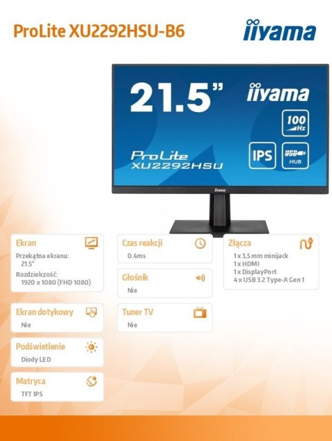 Monitor 21.5 cala ProLite XU2292HSU-B6 IPS,100Hz,FreeSync,SLIM,HDMI,DP,2x2W, 4xUSB(3.2),0.4ms Monitor 21.5 cala ProLite XU2292HSU-B6 IPS,100Hz,FreeSync,SLIM,HDMI,DP,2x2W, 4xUSB(3.2),0.4ms