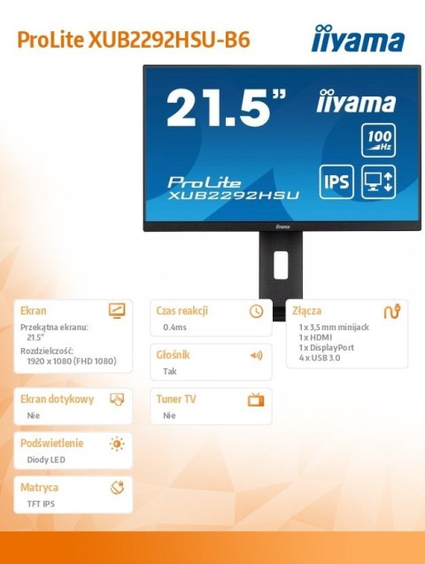 Monitor 21.5 cala XUB2292HSU-B6 IPS,100Hz,FreeSync,PIVOT,0.4ms,HDMI, DP,4xUSB(3.2),2x2W,HAS(150mm) Monitor 21.5 cala XUB2292HSU-B6 IPS,100Hz,FreeSync,PIVOT,0.4ms,HDMI, DP,4xUSB(3.2),2x2W,HAS(150mm)