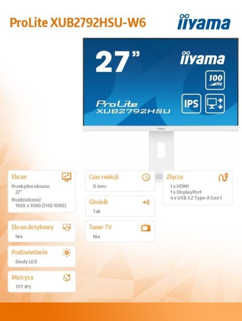 Monitor 27 cali ProLite XUB2792HSU-W6 IPS,HDMI,DP,100Hz,SLIM,4xUSB3.2,PIVOT, HAS(150mm),2x2W Monitor 27 cali ProLite XUB2792HSU-W6 IPS,HDMI,DP,100Hz,SLIM,4xUSB3.2,PIVOT, HAS(150mm),2x2W
