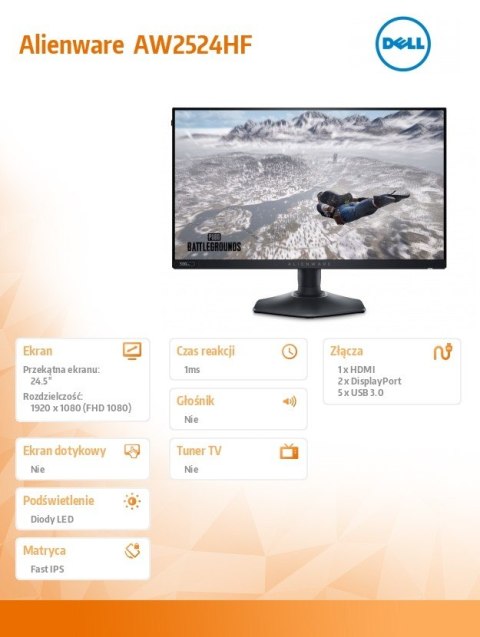 Monitor Alienware AW2524HF 24.5 cala AMD FreeSync Premium 500Hz Full HD (1920x1080)/16:9/DP/HDMI/USB/3Y AES&PPE Monitor Alienware AW2524HF 24.5 cala AMD FreeSync Premium 500Hz Full HD (1920x1080)/16:9/DP/HDMI/USB/3Y AES&PPE