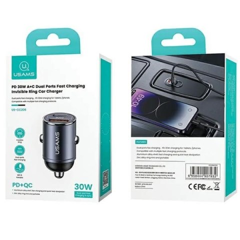 Ładowarka samochodowa 30W 1xUSB+1xUSB-C C38 Fast Charge Stalowa Ładowarka samochodowa 30W 1xUSB+1xUSB-C C38 Fast Charge Stalowa