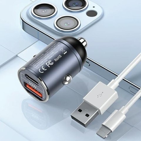 Ładowarka samochodowa 30W 1xUSB+1xUSB-C C38 Fast Charge Stalowa Ładowarka samochodowa 30W 1xUSB+1xUSB-C C38 Fast Charge Stalowa