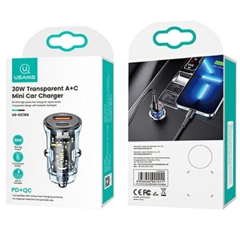 Ładowarka samochodowa 30W 1xUSB+1xUSB-C fast charge Niebieska Ładowarka samochodowa 30W 1xUSB+1xUSB-C fast charge Niebieska