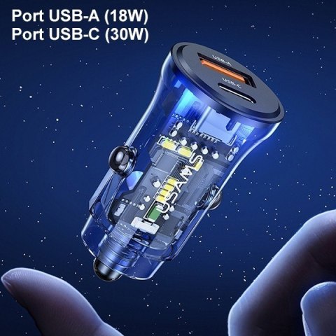 Ładowarka samochodowa 30W 1xUSB+1xUSB-C fast charge Niebieska Ładowarka samochodowa 30W 1xUSB+1xUSB-C fast charge Niebieska