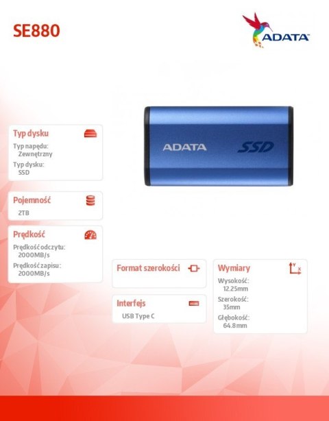 Dysk zewnętrzny SSD SE880 2TB USB3.2A/C Gen2x2 Niebieski Dysk zewnętrzny SSD SE880 2TB USB3.2A/C Gen2x2 Niebieski
