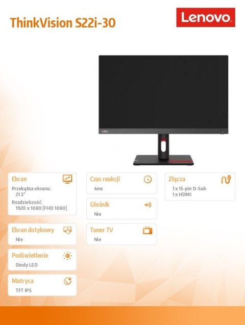 Monitor 21.5 cala ThinkVision S22i-30 WLED LCD 63FCKATBEU Monitor 21.5 cala ThinkVision S22i-30 WLED LCD 63FCKATBEU