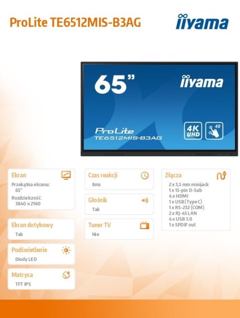 Monitor 65 cali ProLite TE6512MIS-B3AG 40pkt,IPS,4K,24/7, 7H,WiFi,VGA,HDMI,USB-c,Bluetooth,metal,8ms,Vesa,2x16W Monitor 65 cali ProLite TE6512MIS-B3AG 40pkt,IPS,4K,24/7, 7H,WiFi,VGA,HDMI,USB-c,Bluetooth,metal,8ms,Vesa,2x16W