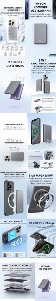 Powerbank indukcyjny 5000mAh MagSafe Fast Charging PD 20W Szary Powerbank indukcyjny 5000mAh MagSafe Fast Charging PD 20W Szary