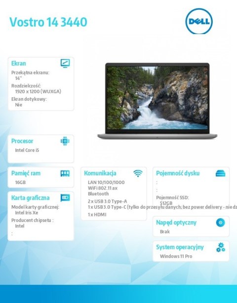 Notebook Vostro 14 (3440) Win11Pro i5-1334U/16GB/512GB SSD/14.0 FHD+/Intel Iris Xe/FgrPr/Cam & Mic/WLAN + BT/Backlit Kb/3 Cell/3 Notebook Vostro 14 (3440) Win11Pro i5-1334U/16GB/512GB SSD/14.0 FHD+/Intel Iris Xe/FgrPr/Cam & Mic/WLAN + BT/Backlit Kb/3 Cell/3