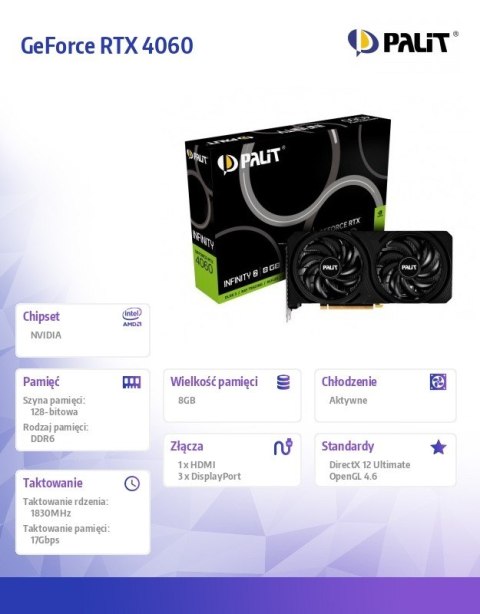 Karta graficzna GeForce RTX 4060 INFINITY 2 8GB GDDR6 128bit Karta graficzna GeForce RTX 4060 INFINITY 2 8GB GDDR6 128bit