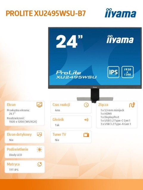 Monitor 24 cale XU2495WSU-B7 IPS,16:10,300cd,4ms,HDMI,DP,3xUSB(3.2), 1xUSB-c,2x2W,FlickerFree Monitor 24 cale XU2495WSU-B7 IPS,16:10,300cd,4ms,HDMI,DP,3xUSB(3.2), 1xUSB-c,2x2W,FlickerFree